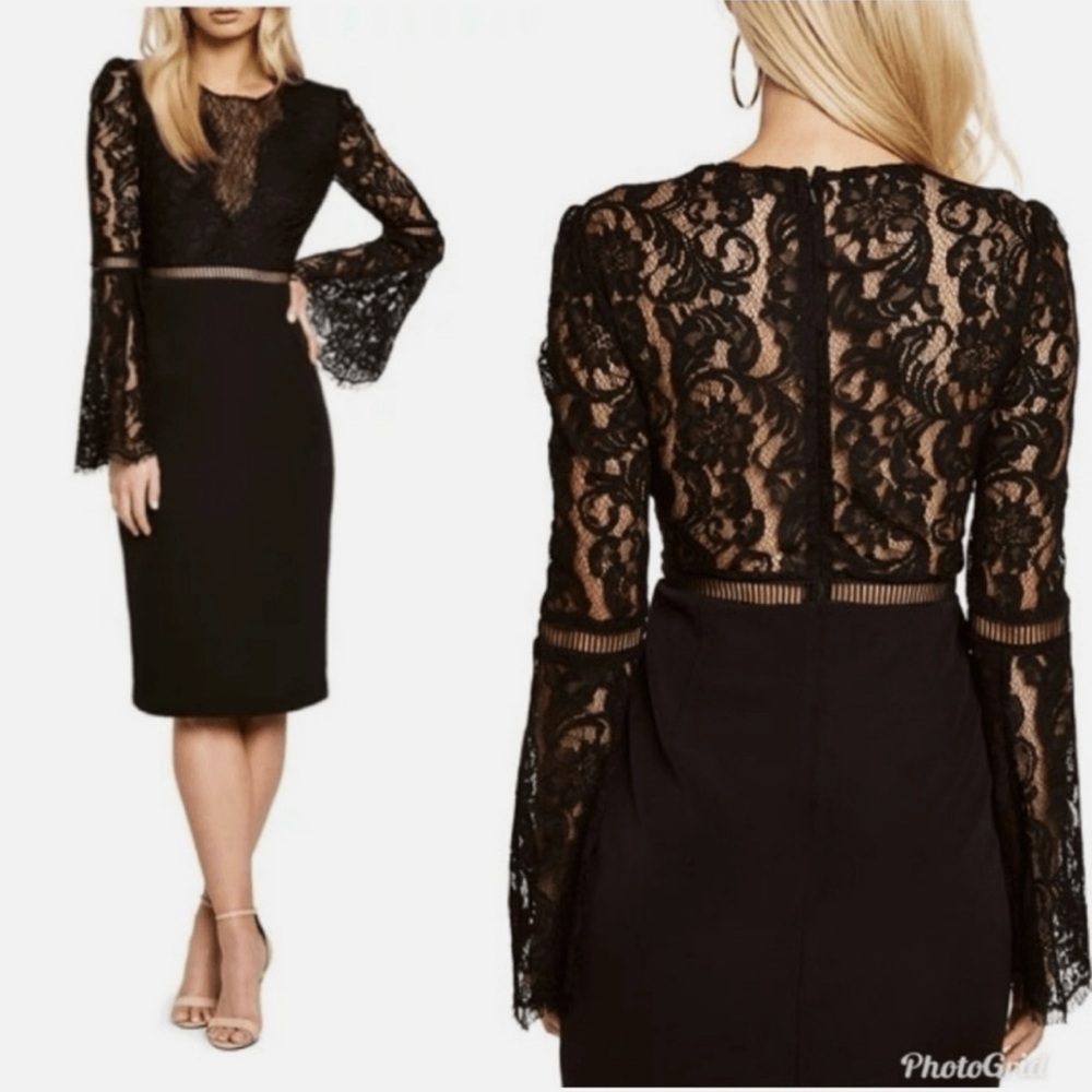 Bardot Faedra Black Lace Long Sleeve Pencil Cocktail Midi Dress. Size 6.